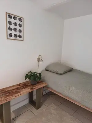 a bedroom with a bed and a table with a potted plant at Calm and idyllic surroundings in Northen Jutland in Nibe