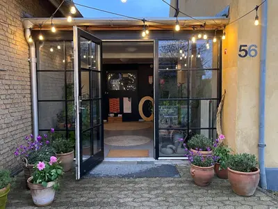 an entrance to a store with potted plants and lights at Room 18 - Hawkraft kulturhotel in Vestervig