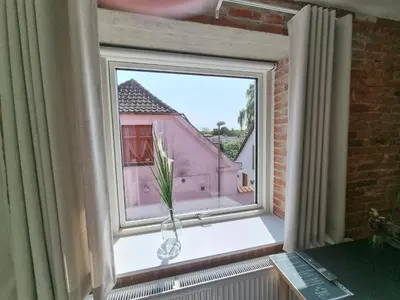 a window with a potted plant sitting on a window sill at Skovsgård Hotel in Brovst