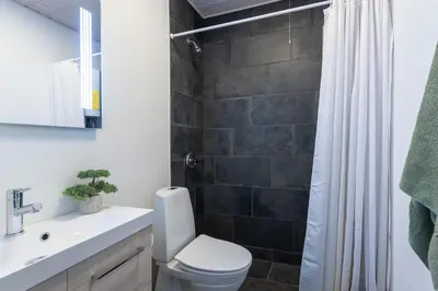 a bathroom with a toilet and a shower at Agger Holidays in Vestervig