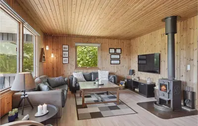 a living room with a couch and a stove at Gorgeous Home In Blokhus With Wifi in Blokhus