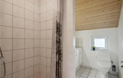 a bathroom with a toilet and a wooden ceiling at Nice Home In Vinderup With Sauna in Vinderup
