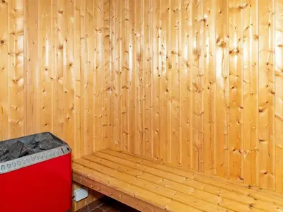 a sauna with a wooden wall with a red cooler at 6 person holiday home in Fjerritslev-By Traum in Fjerritslev