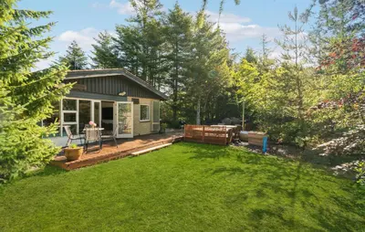 a backyard with a small house with a lawn at Lovely Home In Hurup Thy in Sønder Ydby