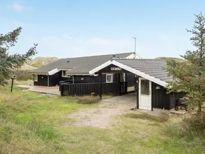 a black house with a white door in a yard at Holiday Home Lennja - 300m from the sea by Interhome in Saltum