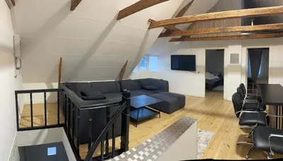 a living room with a couch and a table and chairs at Apartment Vanilla - 2 rooms and one bathroom in Struer