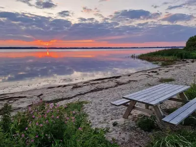 a picnic table sitting on the shore of a body of water at 4 star holiday home in Skals-By Traum in Skals