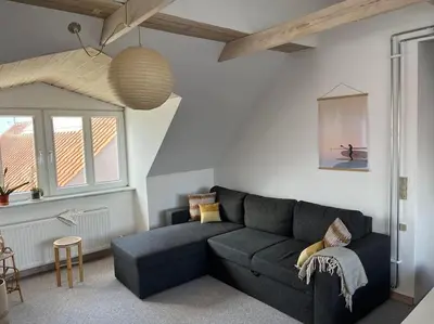 a living room with a black couch in a room at Stor lejlighed ved stranden i Agger Cold Hawaii in Agger