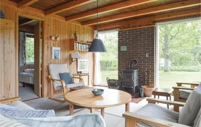 a living room with a table and a fireplace at Holiday Home Farsø 49 in Farsø