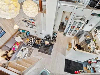 an overhead view of a kitchen and living room at Holiday Home Benni - 75m to the fjord by Interhome in Løgstør