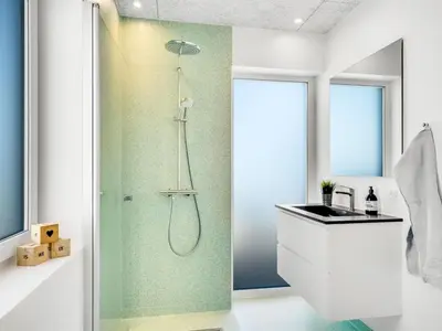 a bathroom with a shower and a sink at Holiday Home Unge - 75m from the sea by Interhome in Torsted