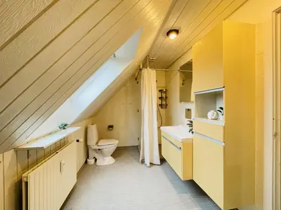 an attic bathroom with a toilet and a sink at aday - Modern 3 bedrooms apartment in Svenstrup in Svenstrup