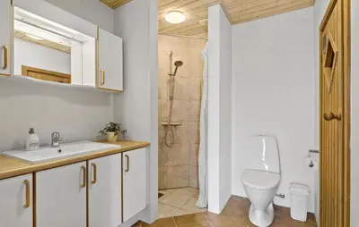 a bathroom with a sink and a toilet and a shower at Cozy Home In Frøstrup With Sauna in Frøstrup