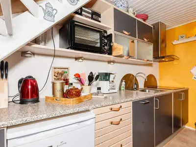 a kitchen with a counter top with a microwave at 6 person holiday home in Vestervig-By Traum in Vestervig
