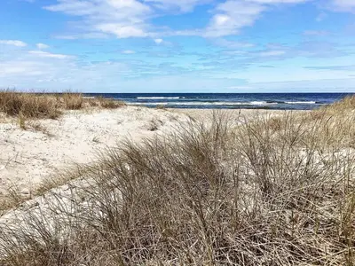 a beach with grass and the ocean with waves at 5 person holiday home in Brovst-By Traum in Brovst