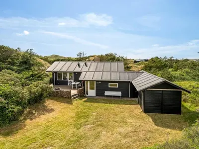 a black house on a hill with a yard at Holiday Home Selenia - 1km from the sea by Interhome in Saltum
