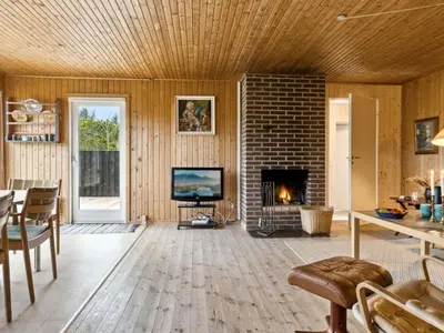 a living room with a fireplace and a television at Holiday Home Swenki - 700m from the sea by Interhome in Saltum