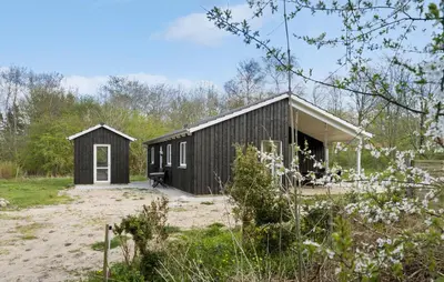 a black house with a white door in a yard at 4 Bedroom Nice Home In Vinderup in Vinderup