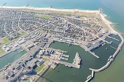 an aerial view of a city with a harbor at Nyd den skønne natur ved hav og fjord in Thyborøn