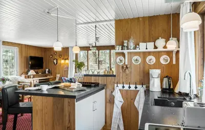 a kitchen with wood paneling and a counter top at Røgegård Hjortehytten in Fjerritslev