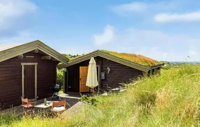 a building with a grass roof with a umbrella at 2 Bedroom Lovely Home In Saltum in Saltum
