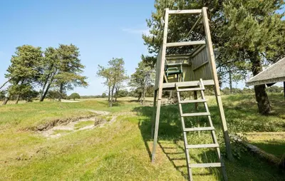 a ladder leading to a tree house in a field at Røgegård Gården in Fjerritslev