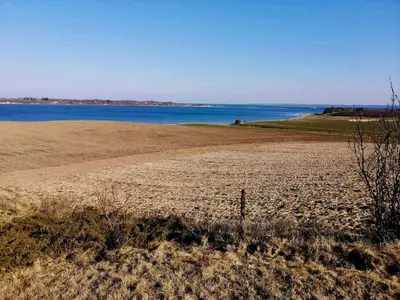 an empty field with the ocean in the background at Kongshøjgaard in Farsø