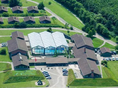 an overhead view of a building with cars in a parking lot at 12 person holiday park home in Hanstholm in Hanstholm