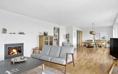a living room with a couch and a fireplace at 4 Bedroom Beach Front Home In Thyholm in Thyholm