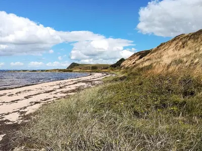 a sandy beach next to a body of water at 4 star holiday home in Gedsted-By Traum in Gedsted