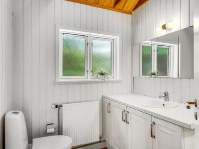 a bathroom with a sink and a toilet and two windows at Holiday Home Aisling - 700m from the sea by Interhome in Brovst