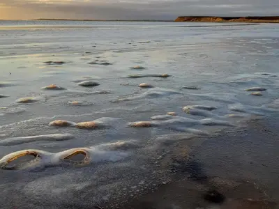 a body of water with snow on the beach at 8 person holiday home in Spøttrup-By Traum in Lihme