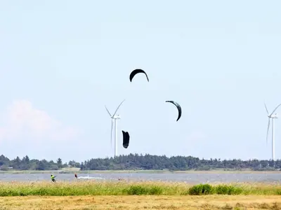 two people flying kites in a field with wind turbines at 7 person holiday home in Ulfborg-By Traum in Thorsminde