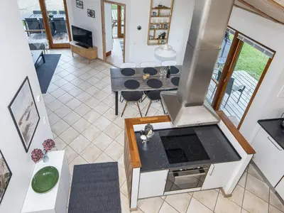 an aerial view of a kitchen and living room at 7 person holiday home in Ulfborg-By Traum in Thorsminde
