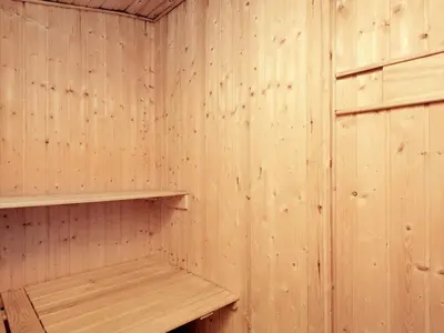 a sauna with a wooden wall and shelves in it at 8 person holiday home in Fjerritslev-By Traum in Slettestrand