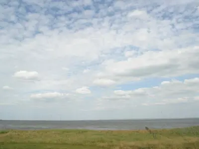 a giraffe standing in a field under a cloudy sky at 6 person holiday home in Harboøre-By Traum in Harboør