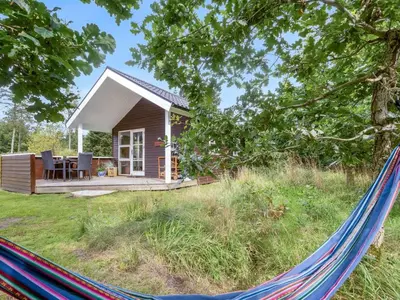 a hammock in front of a tiny house at Holiday Home Unge - 2-9km from the sea by Interhome in Blokhus