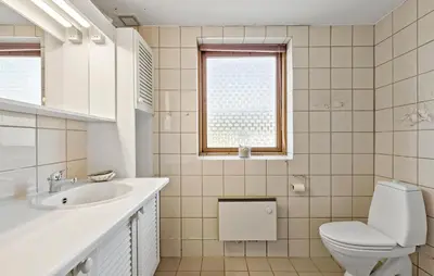 a bathroom with a toilet and a sink and a window at 3 Bedroom Stunning Home In Farsø in Farsø