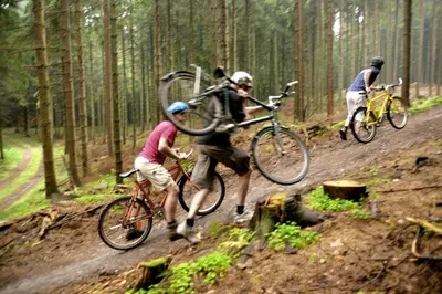 three people riding bikes on a trail in the woods at Danhostel Rebild in Skorping