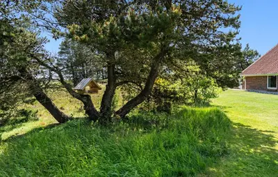 a bird house on a tree in a yard at Beautiful Home In Vestervig With Sauna in Vestervig