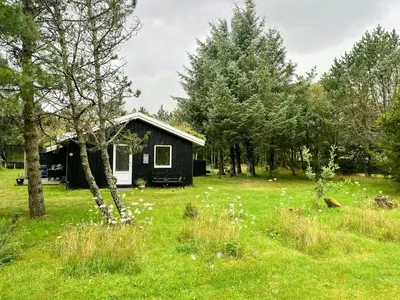 a small black house in a field with trees at Familievenligt Hus Nær Tranum Klitplantage in Pandrup