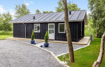 a black tiny house with two trees in front of it at 2 Bedroom Amazing Home In Hurup Thy in Sønder Ydby