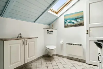 a bathroom with a toilet and a skylight at Home By Limfjord Where Sea And Sky Meet in Hurup