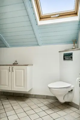 a bathroom with a white toilet and a skylight at Home By Limfjord Where Sea And Sky Meet in Hurup