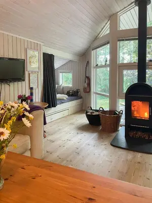 a living room with a woodburning stove in a room at Virksund Home With Grounds And Hot Tub in Højslev