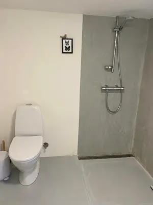 a bathroom with a toilet and a shower at Renovated Farmhouse In Architectural Style in Lemvig