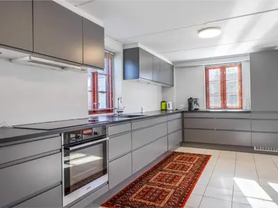 a kitchen with stainless steel appliances and a rug at Cozy Family Retreat - By Traum Ferienwohnungen in Blokhus