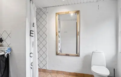 a bathroom with a mirror and a toilet at Awesome Home In Øster Assels With Wifi in Øster Assels
