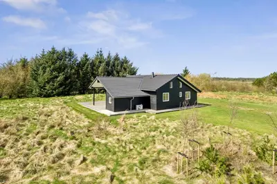 a small black house in a field of grass at Modern Holiday Home From 2017, Located At Lild Strand in Frøstrup