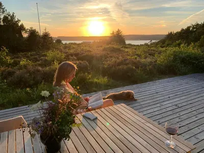 a woman sitting on a table with a laptop and a dog at Nature-Rich Oasis With Views Over The Limfjord in Roslev